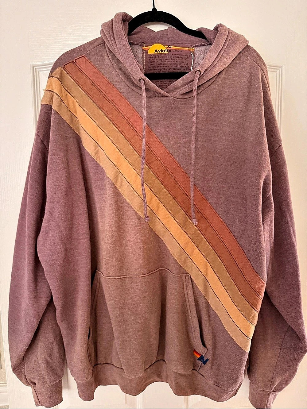 Aviator Nation Cross Stripe Relaxed Pullover Hoodie, Faded Mocha, Size XL